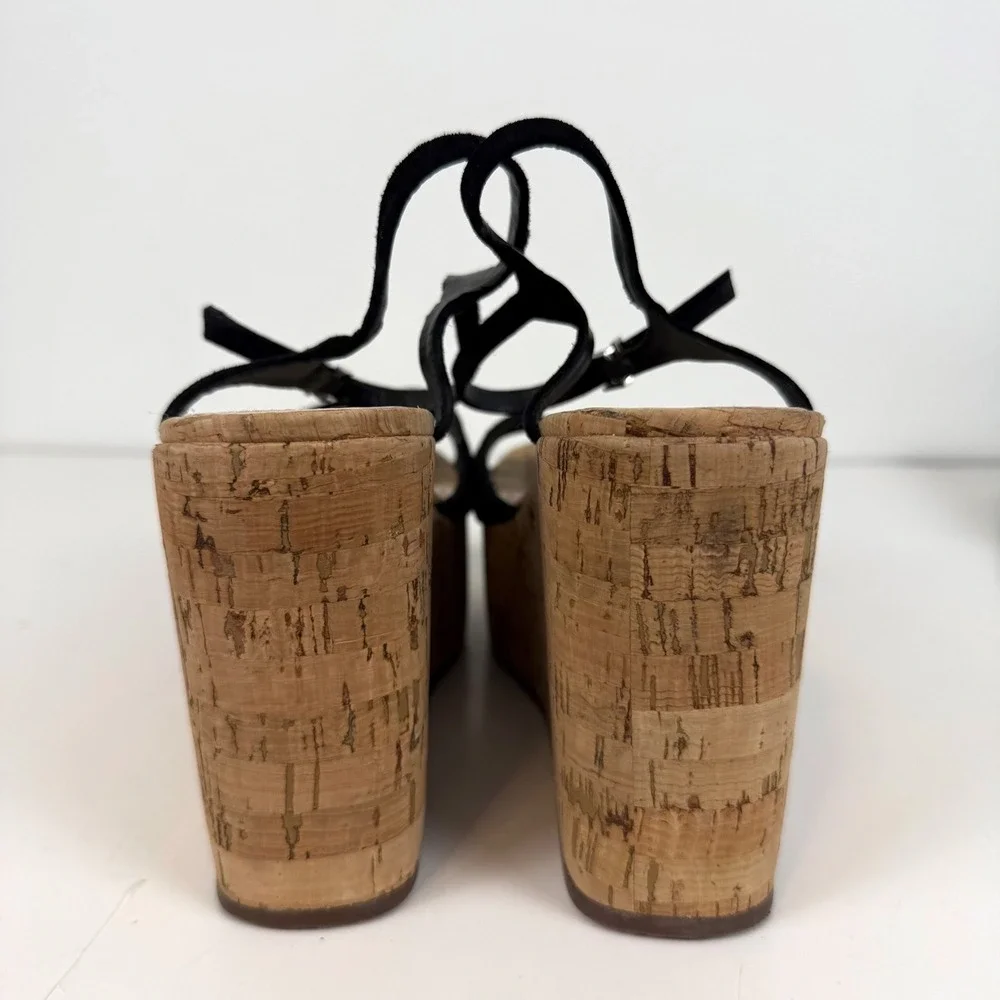 Schutz Black Suede Cork Platform Wedge Sandals Ankle Strap Womens Size 8.5